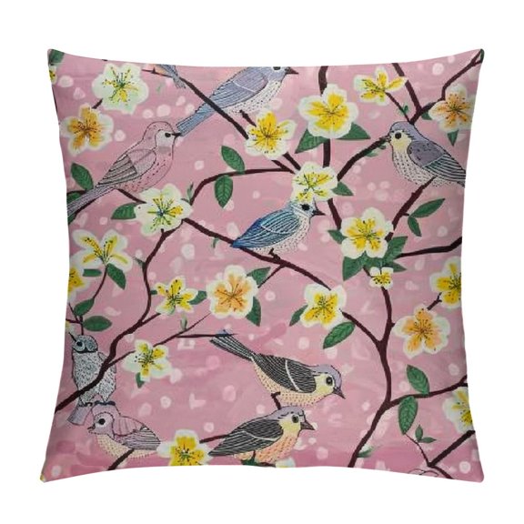 Spring Throw Pillow Cushion Cover, Swallow Birds Sitting on Flowering Tree Branches Pastel Toned Pattern, Decorative Square Accent Pillow Case, Pale Pink Mustard Lilac