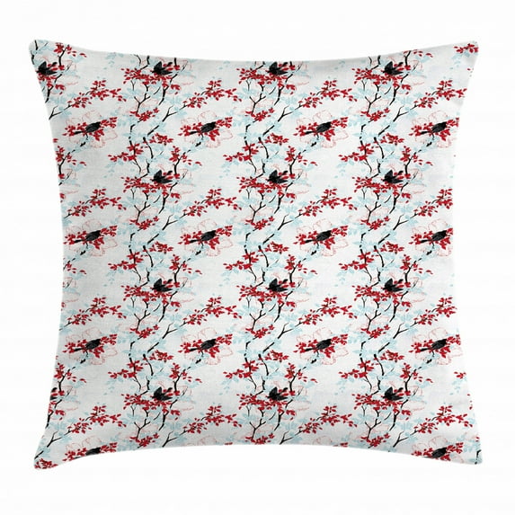 Spring Throw Pillow Cushion Cover, Vintage Chinese Shabby Chic Tree with Hummingbirds Flower Leaf Branch Image, Decorative Square Accent Pillow Case, 20 X 20 Inches, Pale Blue Red White, by Ambesonne