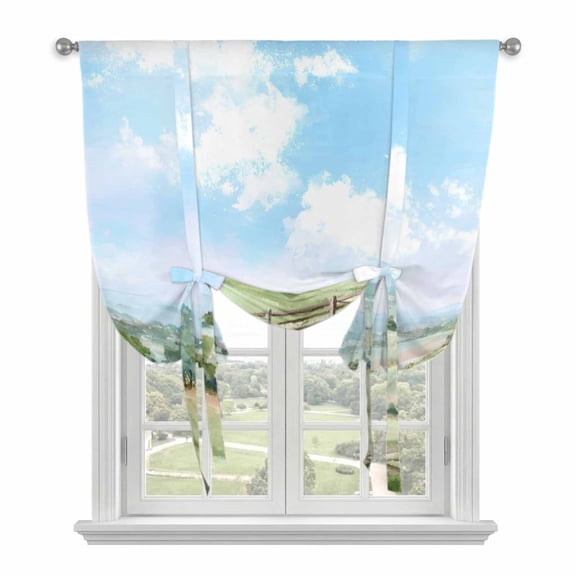 Spring Tie Up Curtains 45 Inches Long, Kitchen Window Curtains Over Sink, Grassland Blue Sky Trees Mountain Nature Scenery Small Window Curtains Shade Balloon Curtains Valances for Bedroom 34"x45"
