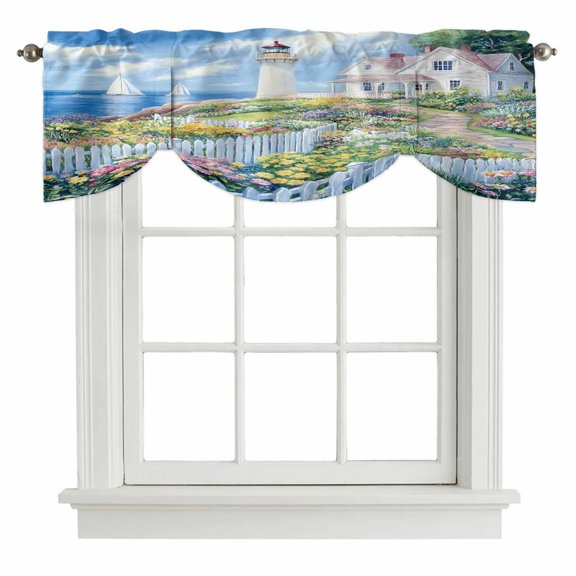 Spring Tie Up Valance for Windows, Colorful Flowers Beacon Ocean House Country Scenery Adjustable Rod Pocket Tie Up Valance Curtains Window Treatment for Kitchen Bathroom Bedroom 42 X 18 Inch