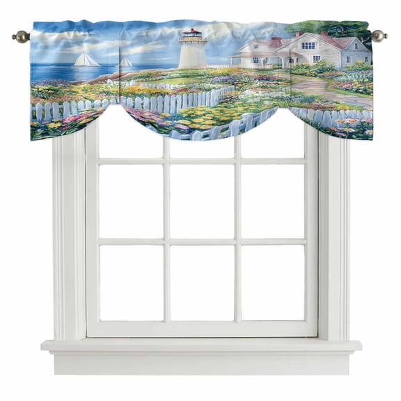 Spring Tie Up Valance for Windows, Colorful Flowers Beacon Ocean House Country Scenery Adjustable Rod Pocket Tie Up Valance Curtains Window Treatment for Kitchen Bathroom Bedroom 42 X 12 Inch