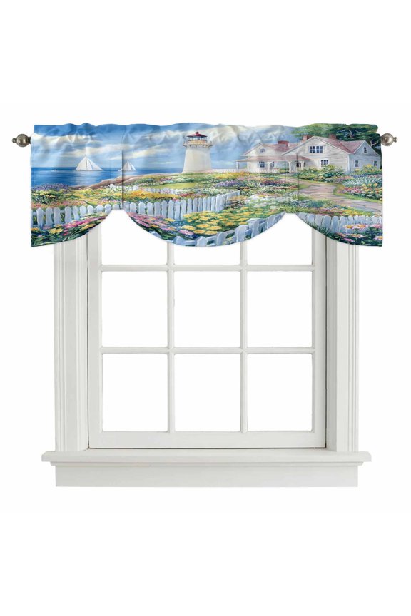 Spring Tie Up Valance for Windows, Colorful Flowers Beacon Ocean House Country Scenery Adjustable Rod Pocket Tie Up Valance Curtains Window Treatment for Kitchen Bathroom Bedroom 42 X 12 Inch