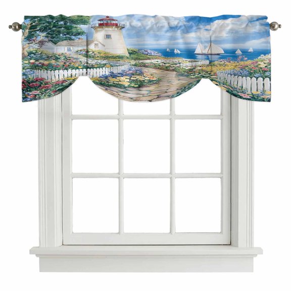 Spring Tie Up Valance for Windows, Colorful Flowers Beacon Ocean House Pastoral Scenery Adjustable Rod Pocket Tie Up Valance Curtains Window Treatment for Kitchen Bathroom Bedroom 42 X 18 Inch