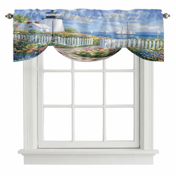 Spring Tie Up Valance for Windows, Colorful Flowers Beacon Ocean Town Country Scenery Adjustable Rod Pocket Tie Up Valance Curtains Window Treatment for Kitchen Bathroom Bedroom 42 X 12 Inch