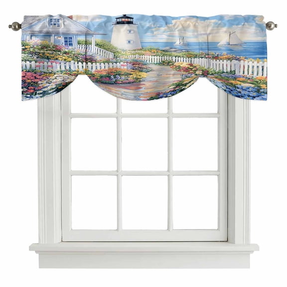 Spring Tie Up Valance for Windows, Colorful Flowers Town Beacon Country Scenery Adjustable Rod Pocket Tie Up Valance Curtains Window Treatment for Kitchen Bathroom Bedroom 42 X 12 Inch