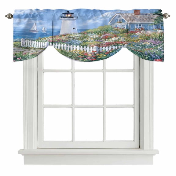 Spring Tie Up Valance for Windows, Colorful Flowers Town Beacon Ocean Country Scenery Adjustable Rod Pocket Tie Up Valance Curtains Window Treatment for Kitchen Bathroom Bedroom 42 X 12 Inch
