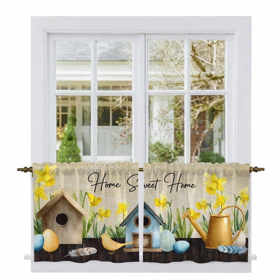 Spring Tier Curtains 24 Inch Length, Brown Vintage Birds Cages Eggs Flowers Herbs Cafe Short Curtains for Bathroom Over Sink, Small Kitchen Curtain Light Filtering Tiered Drapes 2 Panels 27.5"Wx24"L