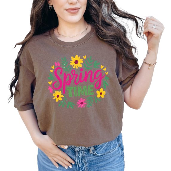 Spring Time Floral Graphic Tee, Cute Spring Shirt, Colorful Flowers T-shirt, Fun Casual Wear, Cheerful Nature Top, Summer Outfit, Espresso Comfort Colors T-Shirt, Large