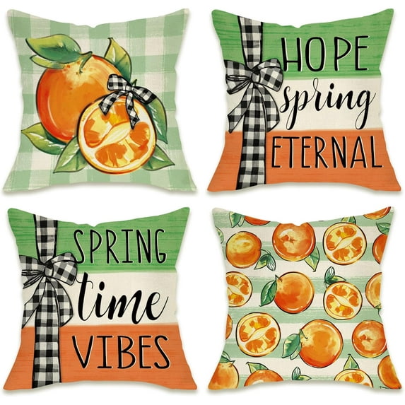 Spring Time Vibes Decorative Throw Pillow Covers 18x18 Set of 4, Orange Hope Spring Eternal Porch Patio Outdoor Pillowcase, Green Stripes Buffalo Plaid Bow Farmhouse Cushion Case Home Decor