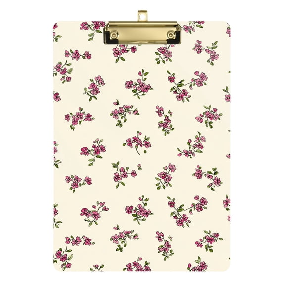 Spring Tiny Flowers Beige Background Acrylic Clipboard Drawing Board with Hook Writing Pad File Storage A4 Size Gold 12.5" x 9"