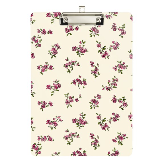 Spring Tiny Flowers Beige Background Acrylic Clipboard Drawing Board with Hook Writing Pad File Storage A4 Size Silver 12.5" x 9"