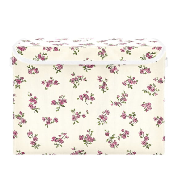 Spring Tiny Flowers Beige Background Foldable Storage Bins with Lids Handles Collapsible Storage Containers Tote Boxes 16.5 x 12.6 x 11.8 inches