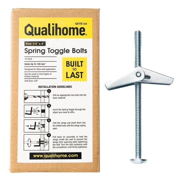 Spring Toggle Bolt Anchors - Heavy Duty Wall Anchors for Hanging Items w/Hollow Walls & More - Stainless Steel Hollow Wall Anchor for Frames, Shelves, Mirrors & More, 15 Pack (1/4" x 4")
