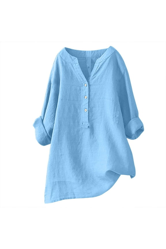 Spring Tops Button Down Linen Shirts 3/4 Sleeve Blouses Tops