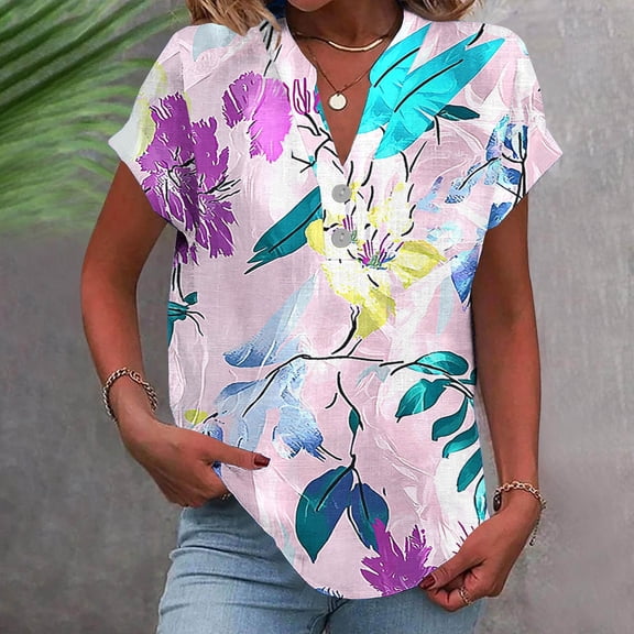 GaThRRgYP Plus Size T Shirts for Women,Women Casual Printed Short Sleeve Button Home V-Neck T-shirt Blouses Purple XXL