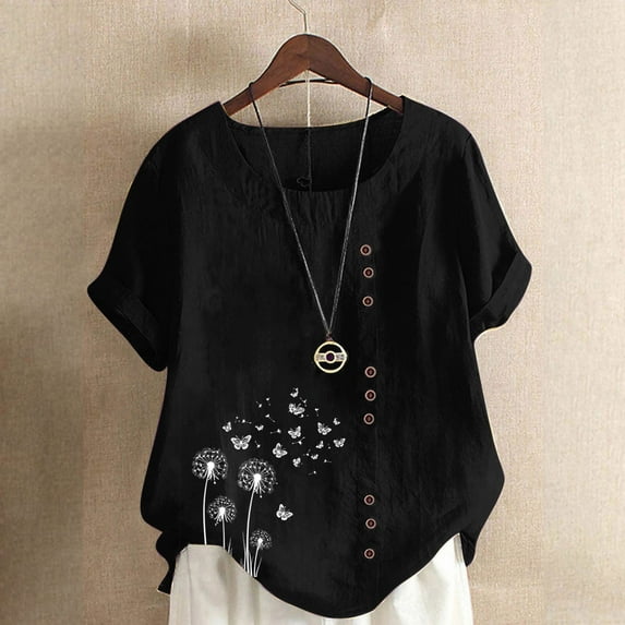 GaThRRgYP Women's V - Neck Short Sleeve Summer Top - Blouse,Women and Linen Round-Neck Top Printed Short Sleeve Button T-shirt Blouse Black XXL