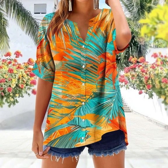 GaThRRgYP Womens Tops Short Sleeve Dressy,Women's V-neck Non Positioning Printed Summer Button Short Sleeved Loose and Fashionable T-shirt Top Green L