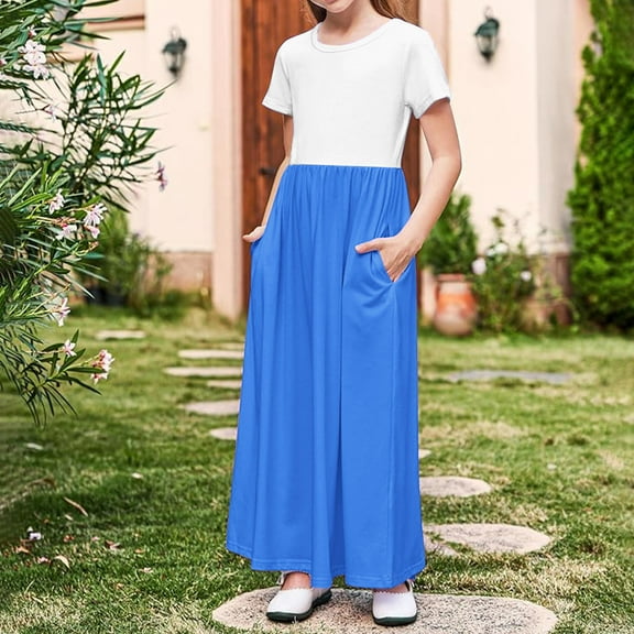 Girl's Short Sleeve Dresses Trendy Casual Color Block T-Shirts Pleated Long Maxi Dress with Pockets 4-14 Years