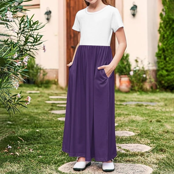 Girl's Short Sleeve Dresses Trendy Casual Color Block T-Shirts Pleated Long Maxi Dress with Pockets 4-14 Years