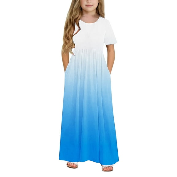 Girls Maxi Dress Long/Short Sleeve Casual Holiday Dress with Pockets for 4-14 Years