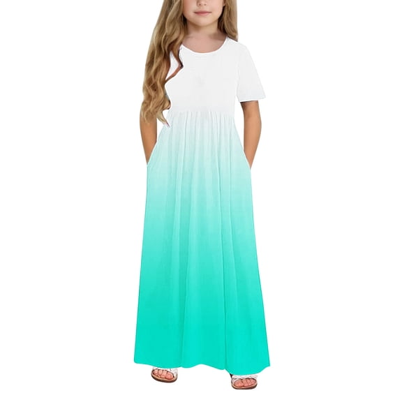 Girls Maxi Dress Long/Short Sleeve Casual Holiday Dress with Pockets for 4-14 Years
