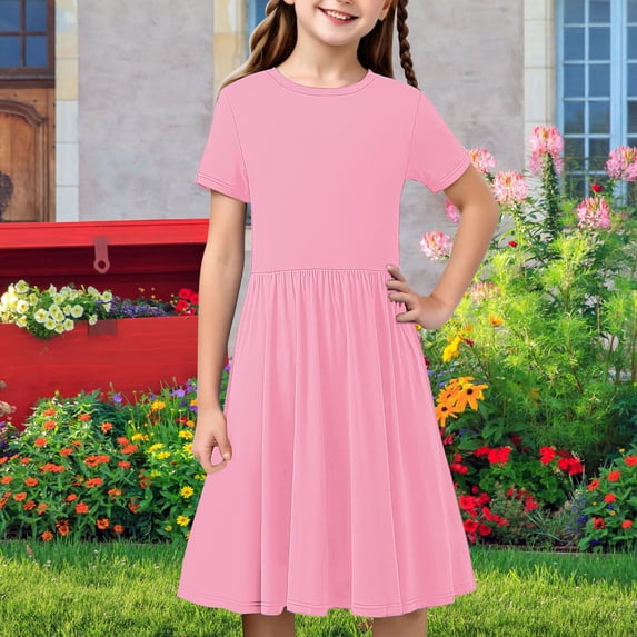 Girls Summer Casual Dresses A Line Swing Flowy Dress Basic Short Sleeve Dress Solid Color Dresses School Uniform