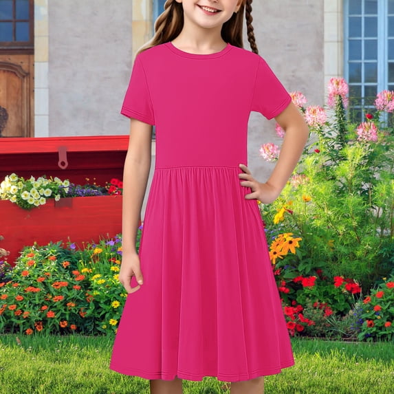 Girls Summer Dress Basic Short Sleeve A Line Swing Skater Twirl School Party Dresses Pleated Flowy Sundress 4-14 Y