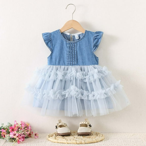 Toddler Girl Denim Tulle Dresses Ruffle Sleeve Baby Summer Tutu Sundress Outfit Toddler Princess Dress for Girls