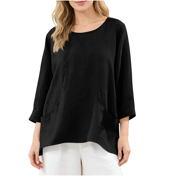 Spring Tops For Women Sevevn Women's Linen 3/4 Sleeve Oversized Blouse Casual Loose Fit Round Neck Top with Pockets Black S