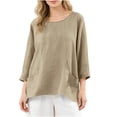 thumbnail image 1 of Spring Tops For Women Sevevn Women's Linen 3/4 Sleeve Oversized Blouse Casual Loose Fit Round Neck Top with Pockets Yellow 2XL, 1 of 8