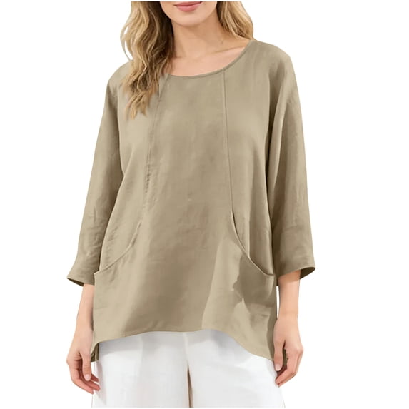 Spring Tops For Women Sevevn Women's Linen 3/4 Sleeve Oversized Blouse Casual Loose Fit Round Neck Top with Pockets Yellow 2XL