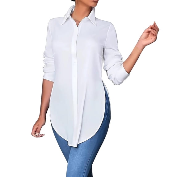 Spring Tops For Women Slit Side V Neck Long Sleeve Button Down Fashion Blouse