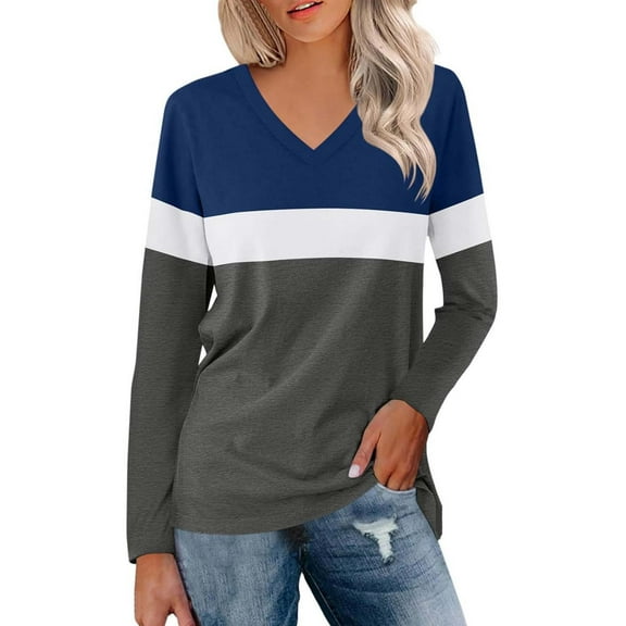 Spring Tops For Women Summer Color Block V Neck Long Sleeve Loose Casual Fashion Shirts Pullover T-Shirts Activewear,Gray,L