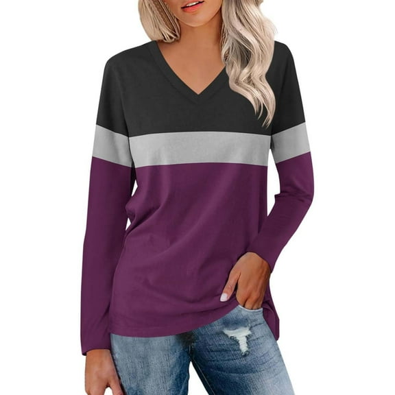 Spring Tops For Women Summer Color Block V Neck Long Sleeve Loose Casual Fashion Shirts Pullover T-Shirts Streetwear,Purple,S