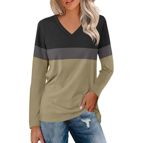 Spring Tops For Women Summer Color Block V Neck Long Sleeve Loose Casual Fashion Shirts Pullover Tee Shirts Holiday Wear,Gray,XL