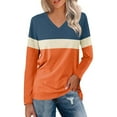 thumbnail image 1 of Spring Tops For Women Summer Color Block V Neck Long Sleeve Loose Casual Fashion Shirts Pullover Tee Shirts Holiday Wear,Orange,XL, 1 of 5