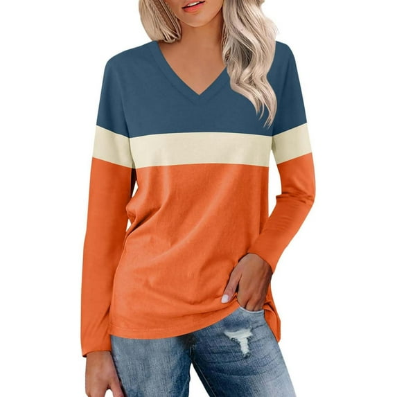Spring Tops For Women Summer Color Block V Neck Long Sleeve Loose Casual Fashion Shirts Pullover Tee Shirts Holiday Wear,Orange,XL