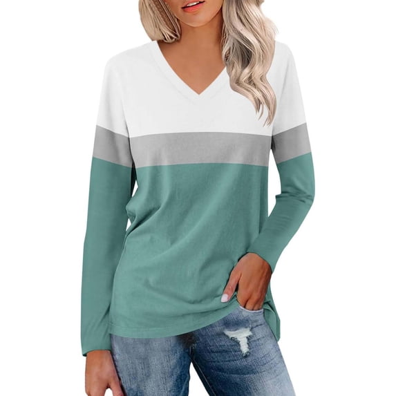 Spring Tops For Women Summer Color Block V Neck Long Sleeve Loose Casual Fashion St Patricks Day Shirt T-Shirts Outwear,Green,XXXL