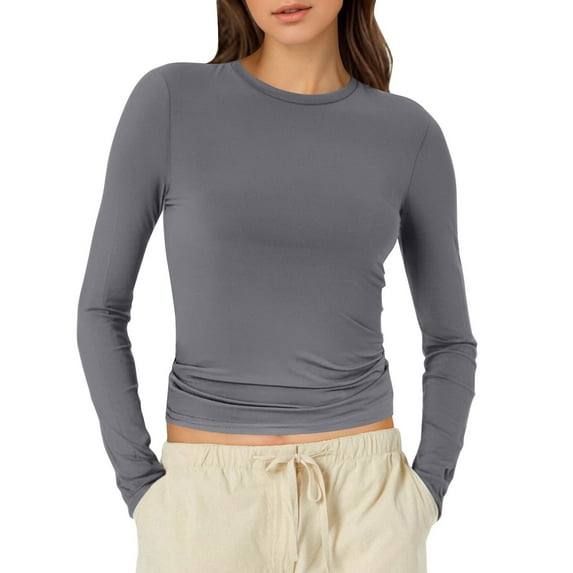 Spring Tops For Women Summer Solid Color Round Neck Long Sleeve Basic Tight Slim Fit Workout Yoga Shirts Pullover Tshirts Outwear,Gray,XS