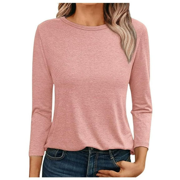 Spring Tops For Women Summer Solid Color Round Neck Long Sleeve Fashion Casual Shirts Pullover Underwear Daily-Wear,Red,XXL