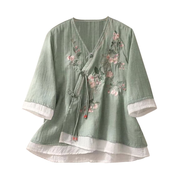 Spring Tops For Women Thin Round Neck Embroidered Cotton Linen Casual Shirt