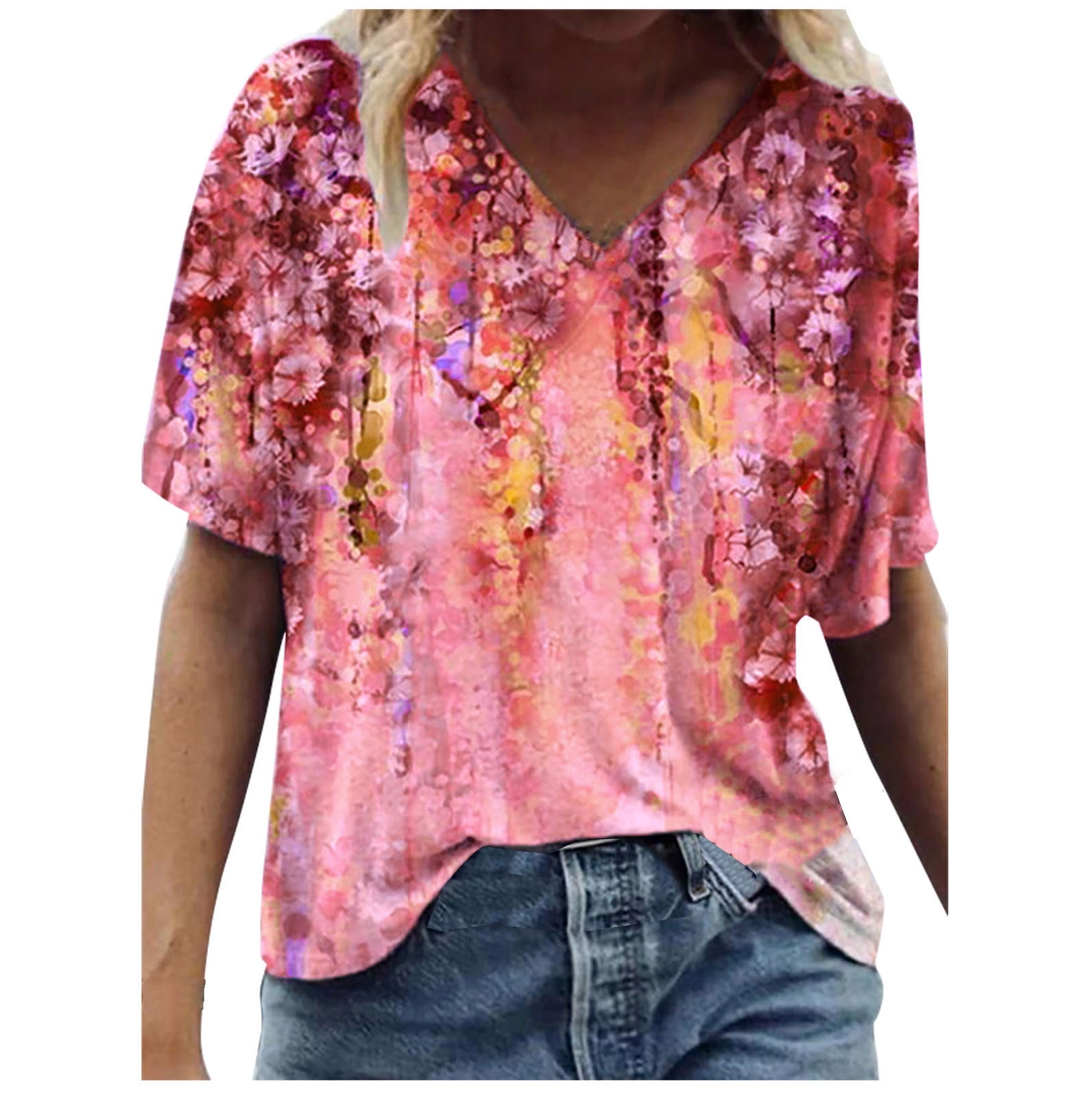 Spring Tops for Women 2024 Trendy Cute Summer Tops for Women Plus Size  Loose Fit Blouses V Neck Short Sleeve T-Shirt Dressy Casual Tunic Tees  Blusas De Mujer De Moda 