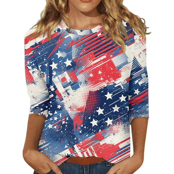 Spring Tops For Women 2025, 4Th Of July Print Round Neck Three Quarter Sleeves T-Shirt Pink Shirt Blouses Dressy Casual White Shirt Womens 3/4 Sleeve Tops Bra Tank Tops (XXL, Navy) ZMTing