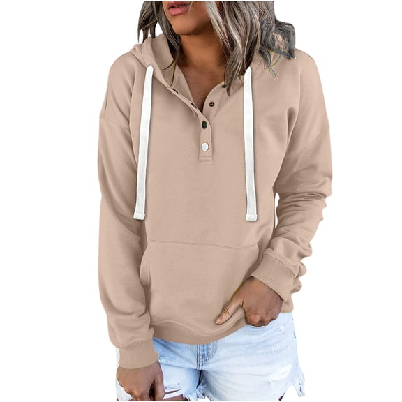 Spring Tops for Women 2025!DianGeFu Womens Hoodies Pullover Plus Size 50% Off Clear,Women's Hooded Solid Color Long-sleeved Sweatshirt Casual Blouse Pullover Tops,Khaki,S