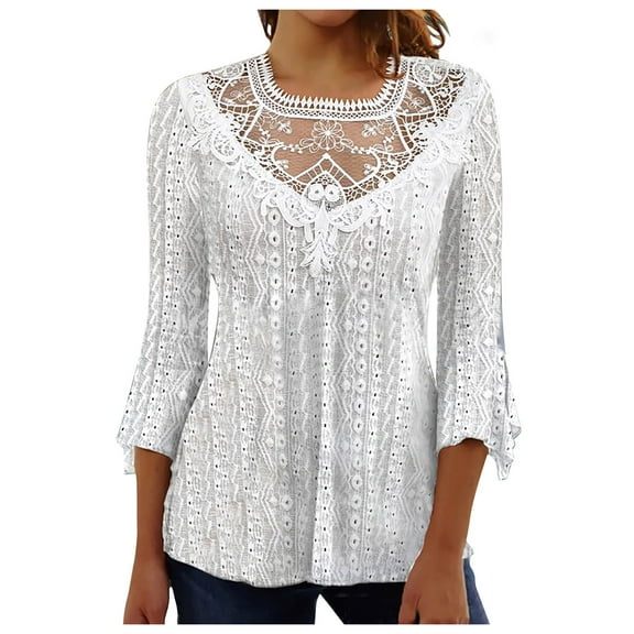 Spring Tops for Women 2025!DianGeFu Womens Long Sleeve Blouses Plus Size Fashion Casual,Fashion Women Solid Lace Long Sleeve Three-quarter Sleeve Split Joint Blouses,White,XL
