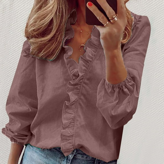 Spring Tops for Women 2025 Viikei Long Sleeve Shirts for WomenFall Womens Tops,Women Casual Full Sleeve V-Neck Tops Loose Plus Size Women Clothing Coffee S