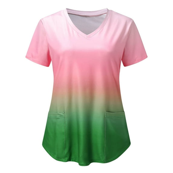 Spring Tops for Women 2025 Viikei Spring Summer T-Shirt for Womens Discount Plus Size V-neck Gradient Color Womens Tops,Women's Short Sleeve V-Neck Tops Working Uniform Printing Pocket Blouse Tops
