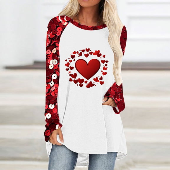 Spring Tops for Women 2025 Viikei Womens Sweatshirts Pullover,Ladies Casual Valentine's Day Printed Pullover with Shoulder Sleeves Long Sleeved Round Neck TopShirt Red XXXL