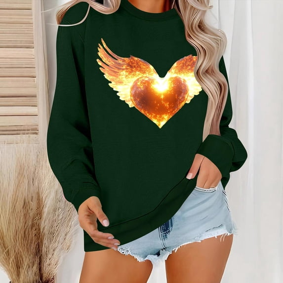 Spring Tops for Women 2025 Viikei Womens Tops Clearance,Long Sleeve Shirts for Women Fall Womens Tops,Women's Round Neck Lover's Love Top Hoodie Long Sleeved Round Neck Top Green XL