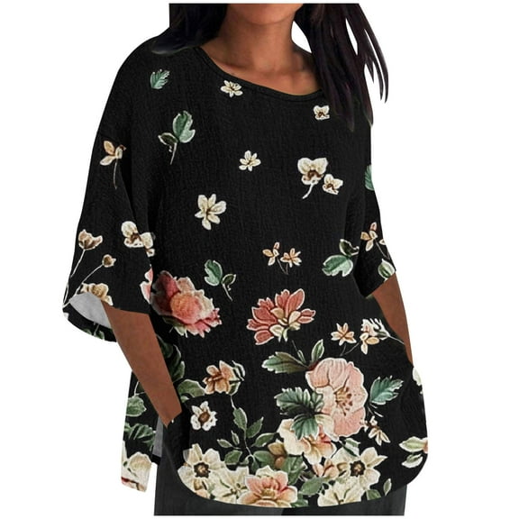 Spring Tops for Women 2025 Viikei Womens Tops Crew Neck Sweatshirt,Women's Ladies Fashion Casual Cropped 3/4 Sleeve Printing Loose Shirt Blouse Top Black M